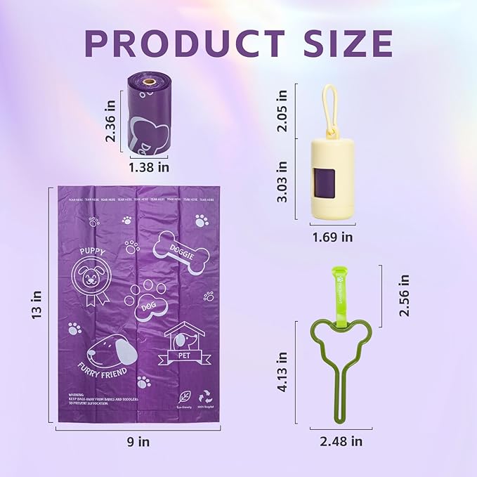 270 Count Scented Dog Poop Bags Rolls, 20 Micron Ultra Thick, Heavy Duty Tear Resistant Leak Proof for Yuck-Free Cleanup, Includes Dispenser & Leash Clip, 9 x 13 Inch, Pawsome Doodle (Purple)