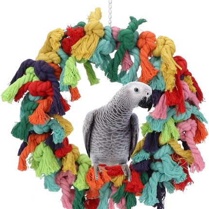 Bird Colorful Cotton Rope Hanging Ring Parrot Preening Grooming Chew Climb Biting Toy for African Grey Cockatoo Conure Parakeet