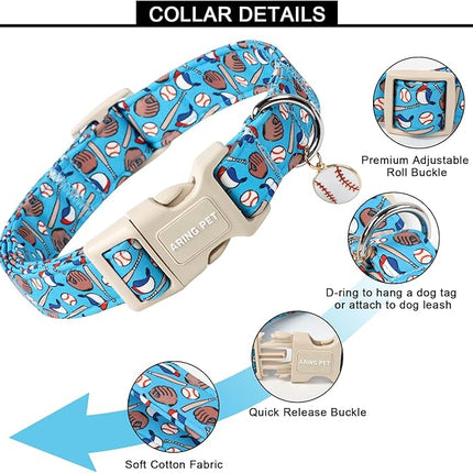 ARING PET Baseball Dog Collar, Cute Summer Blue Pet Collars with Quick Release Buckle for Puppy Small Medium Large Boy Girl Dogs-M
