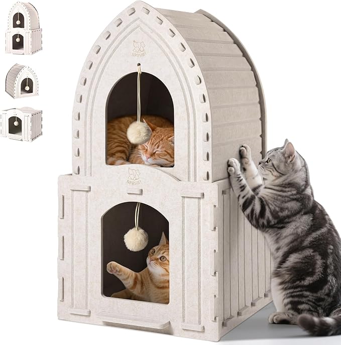 Apasiri 2-Story Cat House for Indoor Cats: Convertible 2-in-1 Felt Cat Condo, Scratch-Resistant Cat Beds, Hideaway Cave for Multi Small Pet Kitten to Relief Anxious, Transitional Modern Cat Furniture