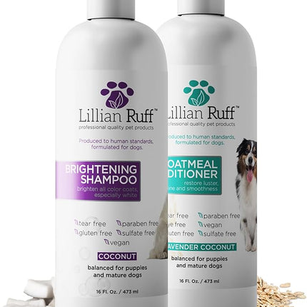 Lillian Ruff Brightening Shampoo & Oatmeal Conditioner Set for Dogs – Safe for Cats - Tear Free Coconut Scent with Aloe for Normal, Dry & Sensitive Skin