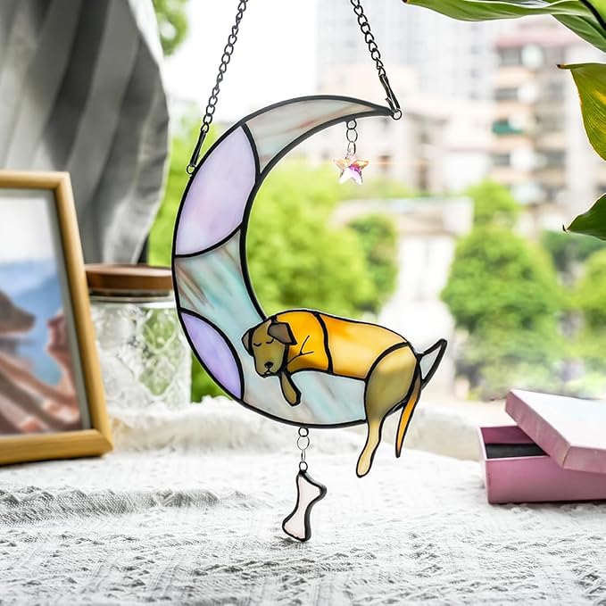 BOXCASA Dog Memorial Gifts Stained Glass Window Hangings,Dog on Moon Rainbow Bridge Decor Suncatchers,Dogs Bereavement Gifts for Loss of Pet,Loss of Pet Sympathy Gift for Pet Lover