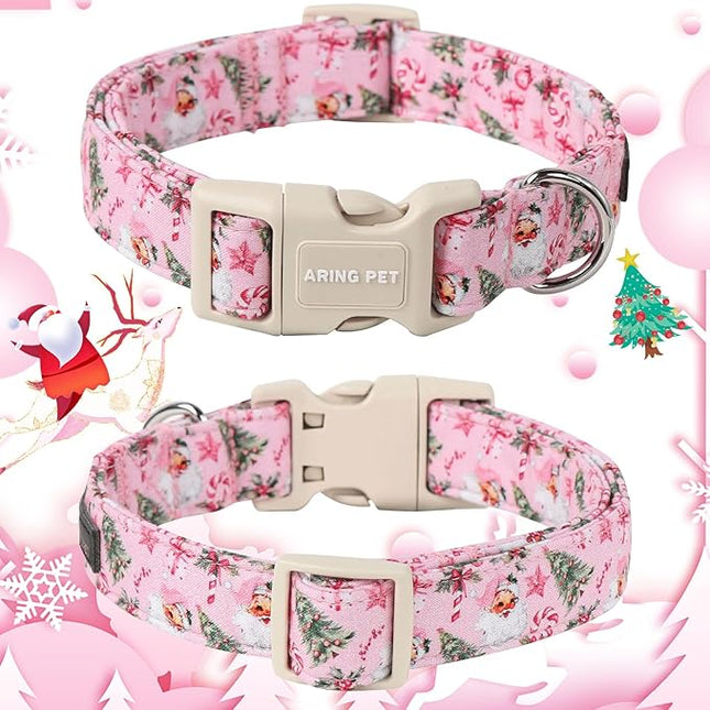 ARING PET Christmas Dog Collar, Cute Pink Santa Claus Christmas Tree Cotton Lightweight Pet Collars with Quick Release Buckle for Puppy Small Medium Large Boy Girl Dogs-XS