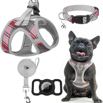 EXPAWLORER Classic Plaid Puppy Harness - Small Dog Harness and Leash Set - Dog Collar and Leash Set with AirTag Holder, Soft Padded Step in Dog Vest Harness No Pull Reflective for Outdoor, Grey XS