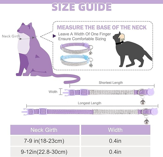 EXPAWLORER Soft Velvet Safe Cat Collars for Girl Cats -2 Pack Rhinestones Bling Diamante Adjustable Collars Breakaway- Chirstmas Cat Clollar Gifts with Bells for Boy Cats Kitty and Small Dogs