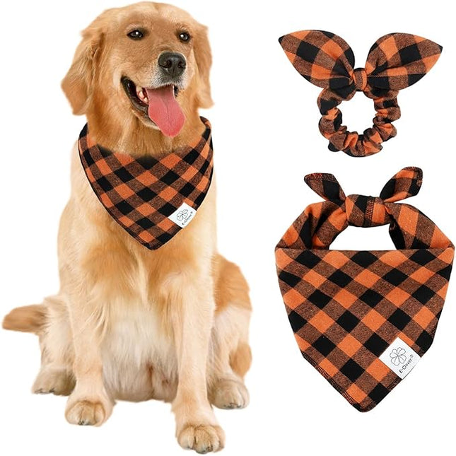E-Clover Fall Dog Bandana & Matching Scrunchie-Orange Black Dog Bandanas Plaid Pet Scarf Bib for Medium Large Dogs Girl Boy Owner Gift Orange Black
