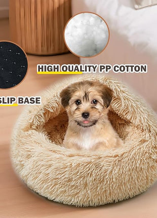 Cat Bed for Indoor Cats, Calming Cozy Cave with Self-Warming Plush, Entire Bed Machine Washable & Anti-Slip Base, Breathable Pet Bed for Small Cats&Dogs All Seasons (Apricot Color, 20 * 20inch)