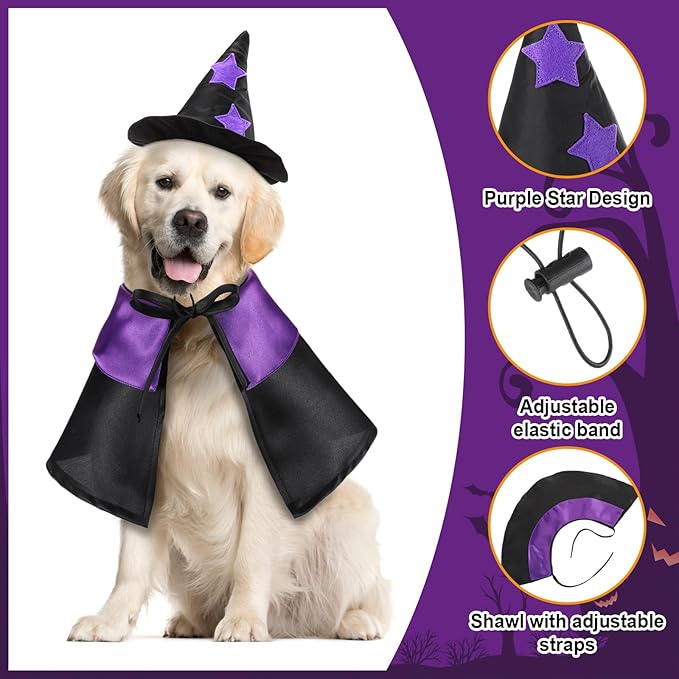 2 Sets Halloween Pet Costume Cats Witch Shaped Cloak and Hat Witch Cloak for Small Large Pets Gifts Party Favor(Large)