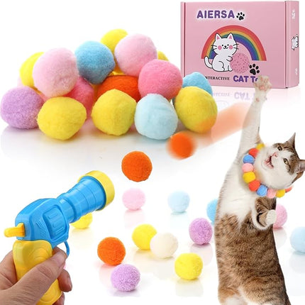 AIERSA Interactive Cat Toys for Indoor Cats, Cat Ball Launcher with 30 Plush Balls for Bored Adult Cats, Cat Toy Gun with Pom Poms, Cat Lover Gifts for Women