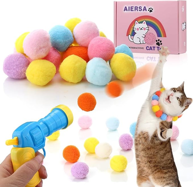AIERSA Interactive Cat Toys for Indoor Cats, Cat Ball Launcher with 30 Plush Balls for Bored Adult Cats, Cat Toy Gun with Pom Poms, Cat Lover Gifts for Women