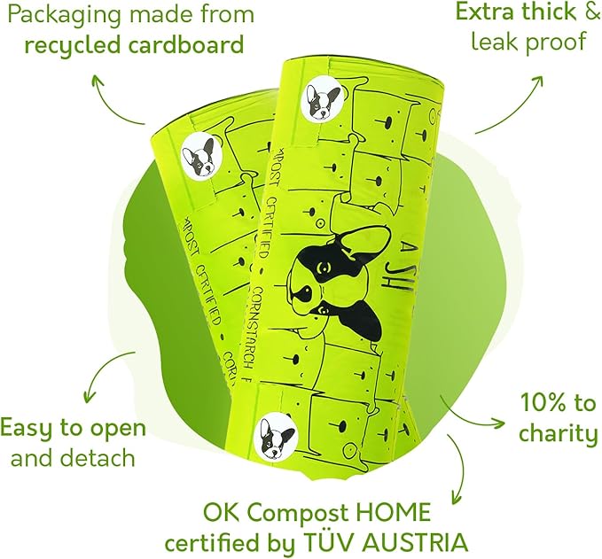 Certified Home Compostable Dog Poop Bags with Handles - 10% to Charity - ASTM D6400 & EN 13432 Compliant - 120 x Large Plant Based Compostable Poop Bags (1 Pantry Roll)
