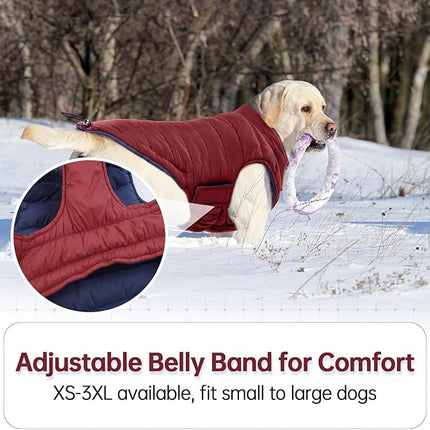 Lelepet Reversible Dog Coat Waterproof Dog Jacket Windproof Puffer Vest for Winter Warm Lightweight Coats for Medium Dogs Adjustbale Hook & Loop Pet Apparel with Leash Hole, French Bulldog, Wine Red L