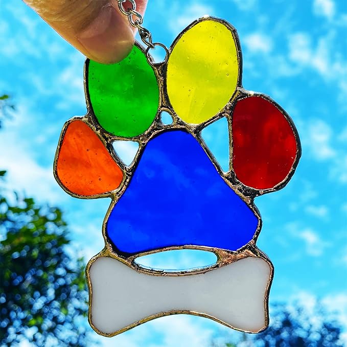 Rainbow Bridge Dog Memorial Gifts Suncatcher for Window, Stained Glass Window Hanging Pet Paw Print Ornament, Pet Memorial Gifts for Dogs & Cats Lovers, Dog Loss Sympathy Gift