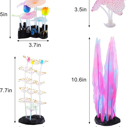 Glowing Fish Tank Decorations Plants, 4 pcs Glow Aquarium Decorations, Glowing Coral Plant Ornaments Lotus Kelp and Anemone