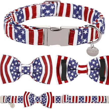 Dog Collar with Bow Tie, 4th of July Comfortable Cotton Dog Collar, American Flag Collar for X-Large Girl Boy Dog, Patriotic Bowtie Collar with Metal Buckle, XL