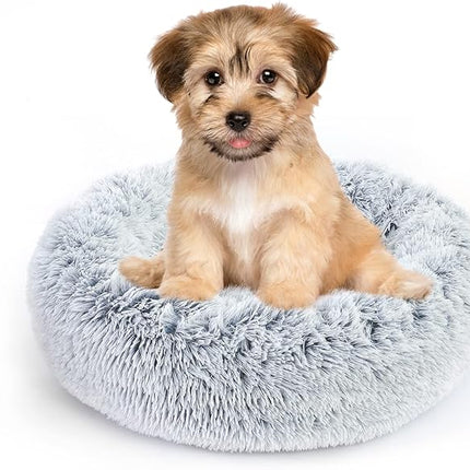 NOYAL Calming Donut Dog Bed for Small to Medium Dogs & Cats - Plush Faux Fur Anti-Anxiety Pet Bed with Machine Washable Cover & Non-Slip Base
