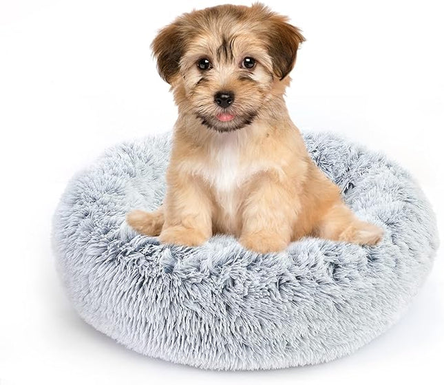 NOYAL Calming Donut Dog Bed for Small to Medium Dogs & Cats - Plush Faux Fur Anti-Anxiety Pet Bed with Machine Washable Cover & Non-Slip Base