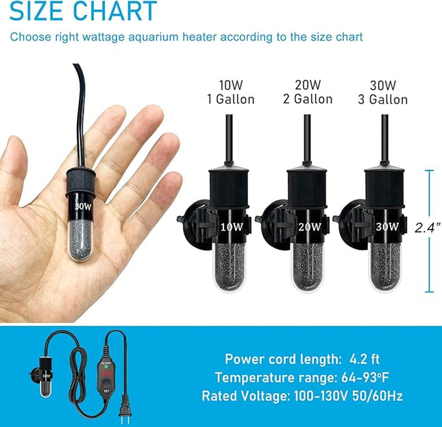 YukiHalu Super Mini Aquarium Heater, 10W 20W 30W Adjustable Fish Tank Heater with External Controller, Overheating Protection, LED Display, Used for 0.5-5 Gallons(30 watts)