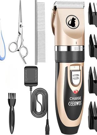 Ceenwes Dog Clippers Low Noise Pet Clippers Rechargeable Trimmer Cordless Grooming Tool Professional Dog Hair Trimmer with Comb Guides Scissors for Dogs Cats & Others（Gold）