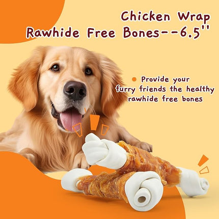 Jungle Calling Rawhide Free Dog Bones, 6.5" Real Chicken Wrapped Dog Chew Bones for Medium and Large Dogs Training Treats