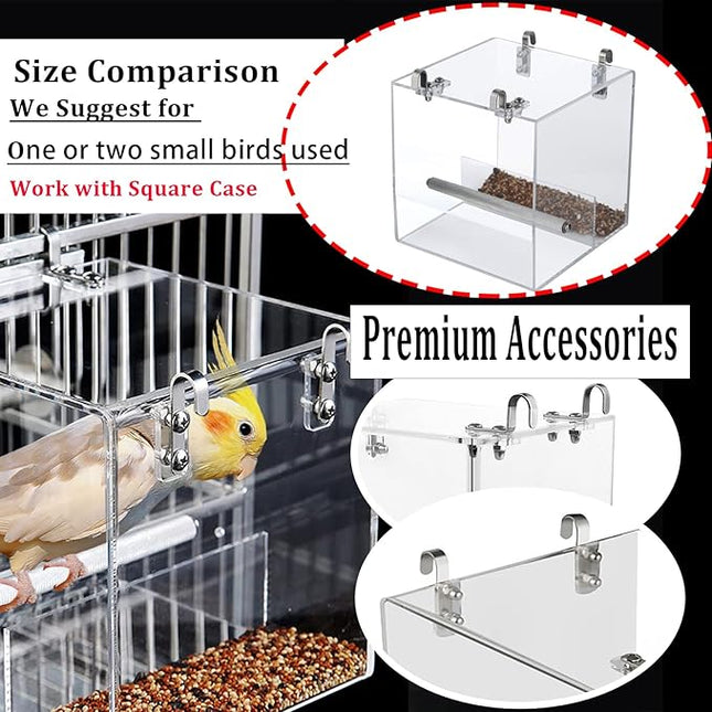 No Mess Bird Feeder for Cage, Automatic Acrylic No Spill Bird Feeder Cage for Parakeet Parrot Cockatiels Cockatiels Lorikeet Lovebirds Seeds (Small)