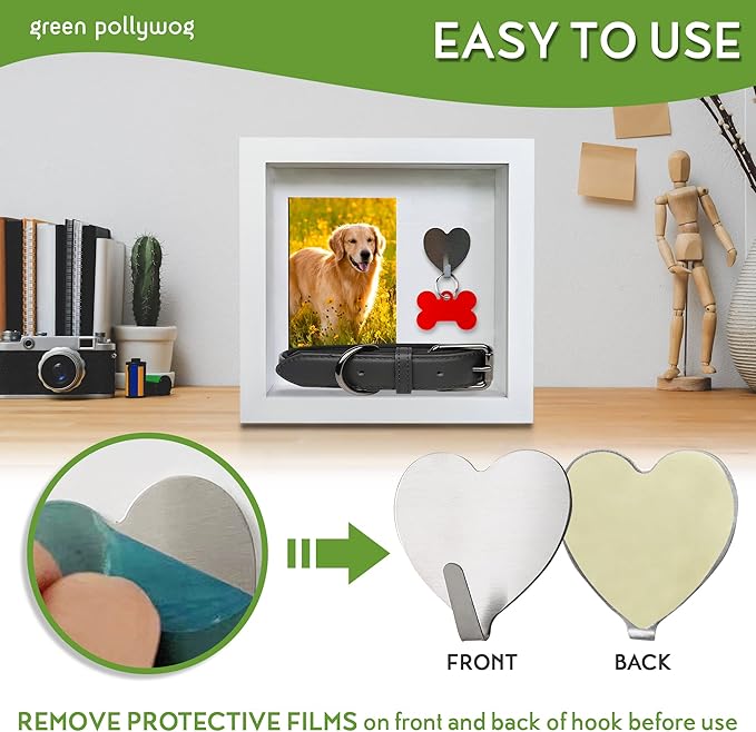 Green Pollywog Pet Memorial Shadowbox with Photo, Tag & Collar Display | White Frame with 4” x 6” Picture Opening | 10” x 10” x 2.5” Keepsake Box