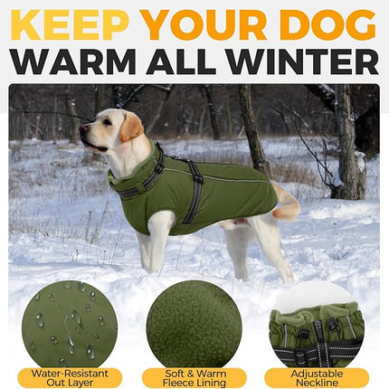 Lelepet Dog Coat for Large Dogs Waterproof Dog Jacket with Harness Built in Reflective Fleece Jacket with Zip Cold Weather Coats for Dogs Cozy Thermal Pet Snowsuit, Weimaraner, Army Green, XXL