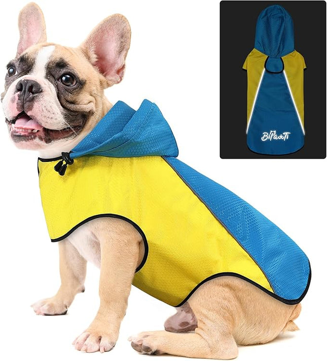 BiPawTi Dog Rain Jackets for Medium Dogs, Lightweight Reflective Safety Pet Rain Jacket, Waterproof Dog Raincoat with Hood/Leash Hole/Reflective Strip - Yellow + Blue, M