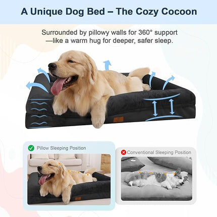 XLarge Orthopedic Dog Bed for Large Dogs, Waterproof Egg Crate Foam Dog Bed with Removable Washable Cover, 4-Sides Removable Bolster Soft Sofa Couch with Non-Slip Bottom, Black