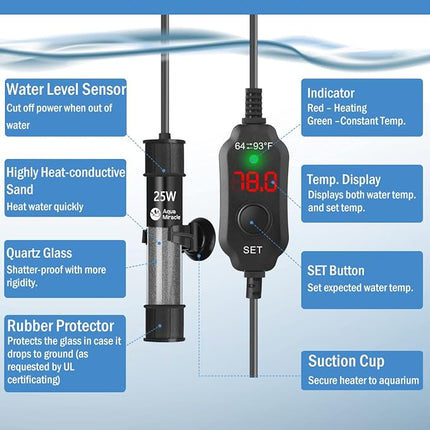AquaMiracle Adjustable 25W Aquarium Heater Submersible Fish Tank Heater Super Short Aquarium Heater with LED Digital Display Thermostat, for Tanks 3-5 Gallons