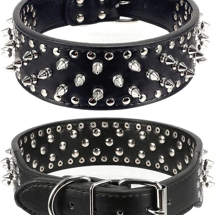 Hoot PU Leather Adjustable Spiked Studded Dog Collar 2" Wide 37 Spikes (M(Neck 19"-22"), Black)