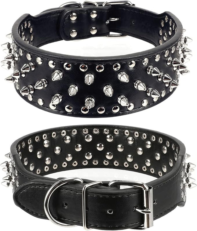 Hoot PU Leather Adjustable Spiked Studded Dog Collar 2" Wide 31 Spikes (S(Neck 17"-20"), Black)