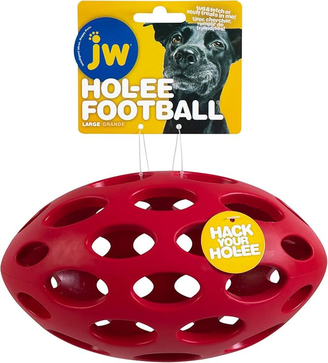 JW Pet Hol-ee Football Dog Toy Puzzle Ball, Natural Rubber, Large (9 Inch Length), Colors May Vary