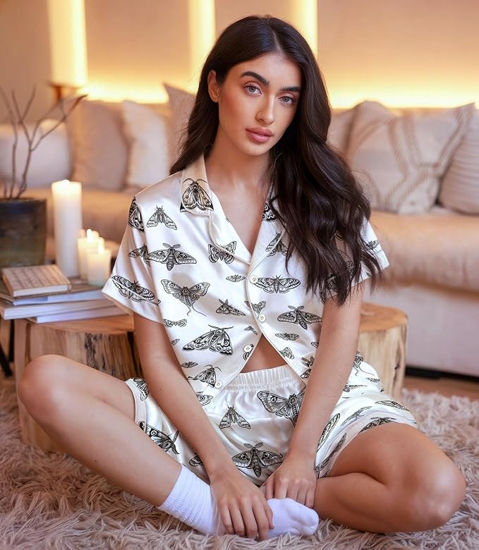 Women’s Silk Satin Pajama Set, Short Sleeve Button Down 2 Piece PJs with Shorts, Cozy Loungewear & Matching Holiday Pajamas