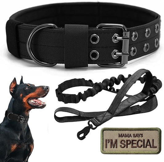 Tactical Dog Collar Military Adjustable Dog Collars Soft Nylon Training Collar with Patch Heavy Duty Metal Buckle Collars for Medium Large Dogs (Black-1, L)