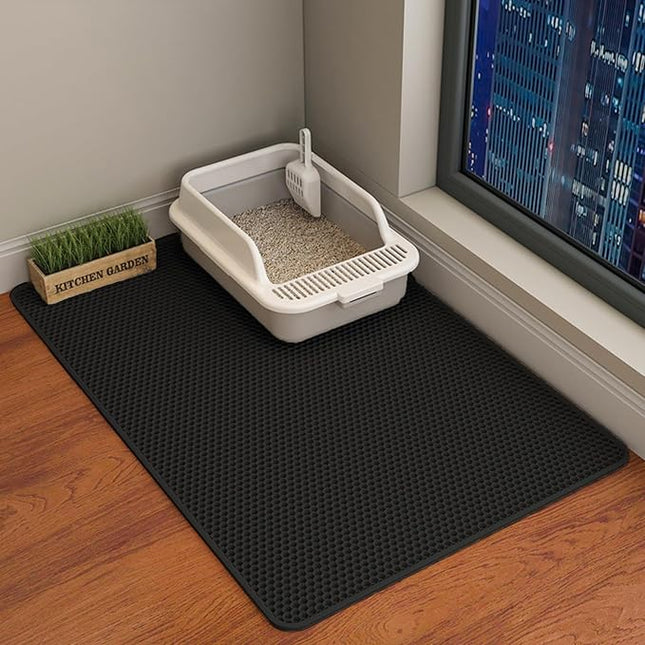 HCY&WLD Cat Litter Mat, 45x26/35x24/30x22/24x18 Inch Double Layer Cat Litter Box Mat, EVA Non-Slip, Waterproof Urine Proof Cat Litter Catcher Mat, Easy Clean Scatter Control (35x24 Inch, Black)