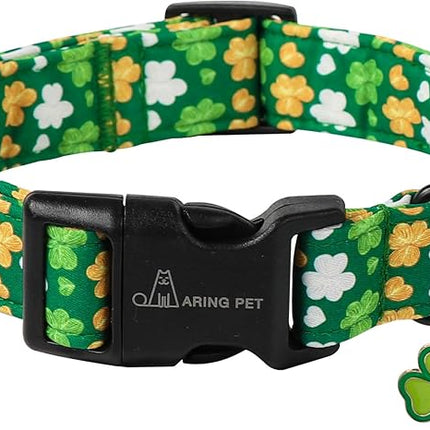 ARING PET St Patrick's Day Dog Collar-Cute Green Clovers Dog Collars, Adjustable Shamrock Pet Collars Trefoil Puppy Collar Gifts with Quick Release Buckle for Girl&Boy Dogs