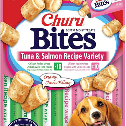 INABA Churu Bites for Dogs, Soft & Chewy Dog Treats with Vitamin E, 0.42 Ounces Each Tube, 20 Tubes, Tuna & Salmon Variety Box