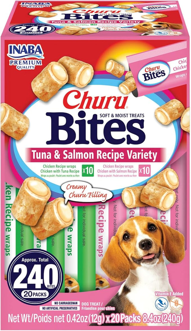 INABA Churu Bites for Dogs, Soft & Chewy Dog Treats with Vitamin E, 0.42 Ounces Each Tube, 20 Tubes, Tuna & Salmon Variety Box