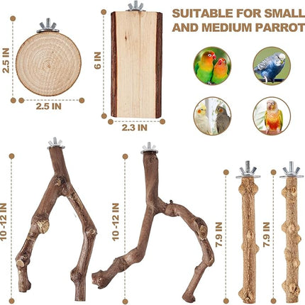 6-Piece Bird Perch Set - Natural Wood Grape Sticks, Paw Grinding Forks, Bird Stand & Toys for Parakeets, Cockatiels, Conure, Budgies