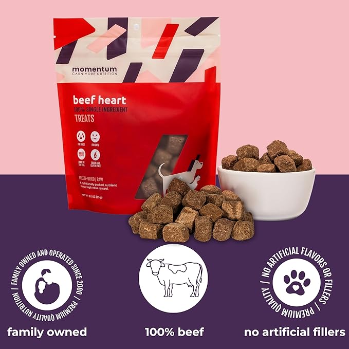 Momentum Carnivore Nutrition Freeze-Dried Beef Heart Dog Treats – Single-Ingredient, Dog & Cat Treats – High-Protein, Grain-Free– 3 oz Bag