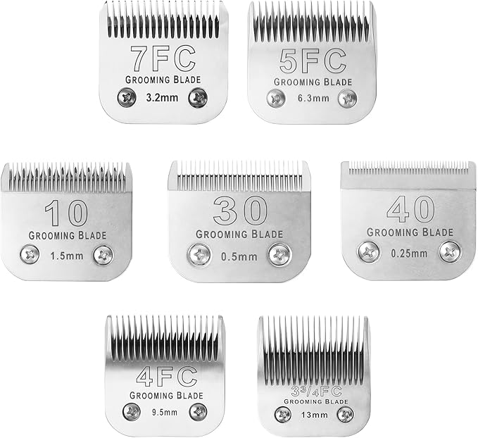 Size 10+30+40+7FC+5FC+4F+3-3/4FC Detachable Dog Grooming Blades, Compatible with Andis, Oster A5, Wahl KM10 Series Clippers, Silver (7 Packs)