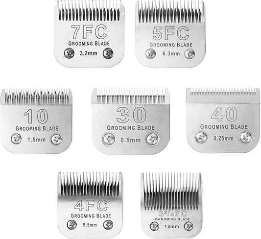Size 10+30+40+7FC+5FC+4F+3-3/4FC Detachable Dog Grooming Blades, Compatible with Andis, Oster A5, Wahl KM10 Series Clippers, Silver (7 Packs)