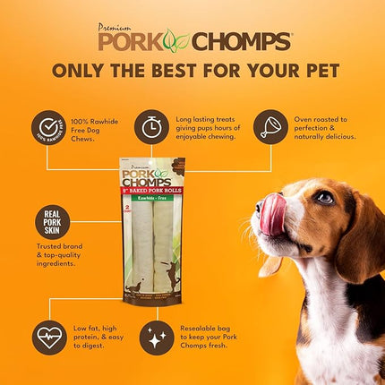 Pork Chomps Baked Pork Skin Dog Chews, 8-inch Rolls, 2 Count (Pack of 3)