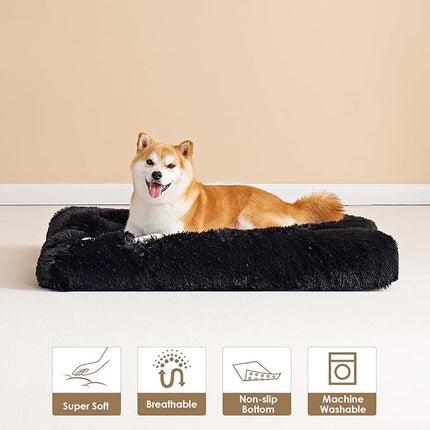 EHEYCIGA Fluffy Dog Crate Bed for Large Dogs, Plush Faux Fur Crate Pad, Calming Anti Anxiety Large Dog Bed, Washable Soft Warm Mat with Non-Slip Bottom, Black