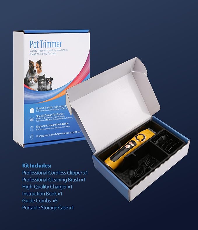 Professional Dog Grooming Clippers with 12H Runtime & Replaceable 440C Blade, 3-Speed Low Noise Electric Dog Shaver for Thick, Matted, Curly Hair, Cordless Clipper for Groomer & Home Use, Yellow