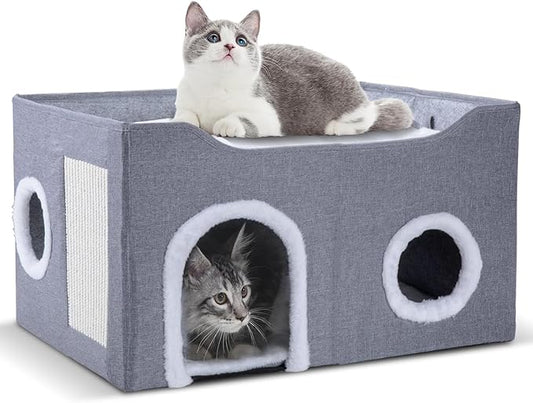 Cat House for Indoor Cats – Foldable Cat Cave & Covered Cat Bed, Cozy Hideaway for Small Pets and Large Cats (23.6"x16"x12.8"),Grey