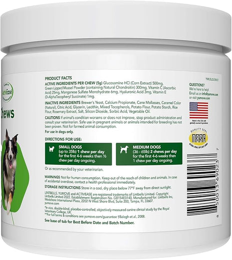 YuMOVE Hip & Joint Supplement for Dogs - With Glucosamine Chondroiton, Green Lipped Mussel , Hyaluronic Acid, and Omega 3 Joint Supplement for Stiffness and Mobility - 60 Chews (Small/Medium Dogs)