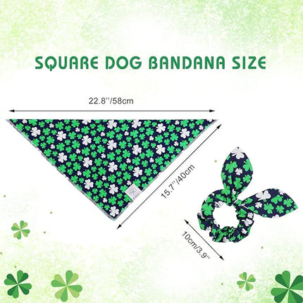 E-Clover Dog Bandana Boy & Matching Scrunchie Set Shamrock Lucky Dog Bandanas Scarf with Bow Hair Ties for Small Puppy Dogs Pet Owner Mom Green Blue