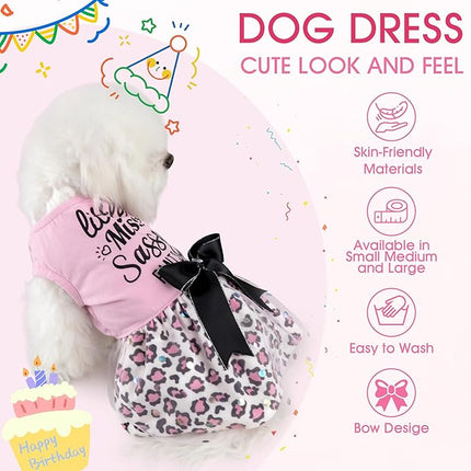 Little Miss Sassy Pants Dog Dress with Leopard Print Bowknot Dog Clothes for Small Medium Large Dogs Girls Boys Cats Outfit Apparel